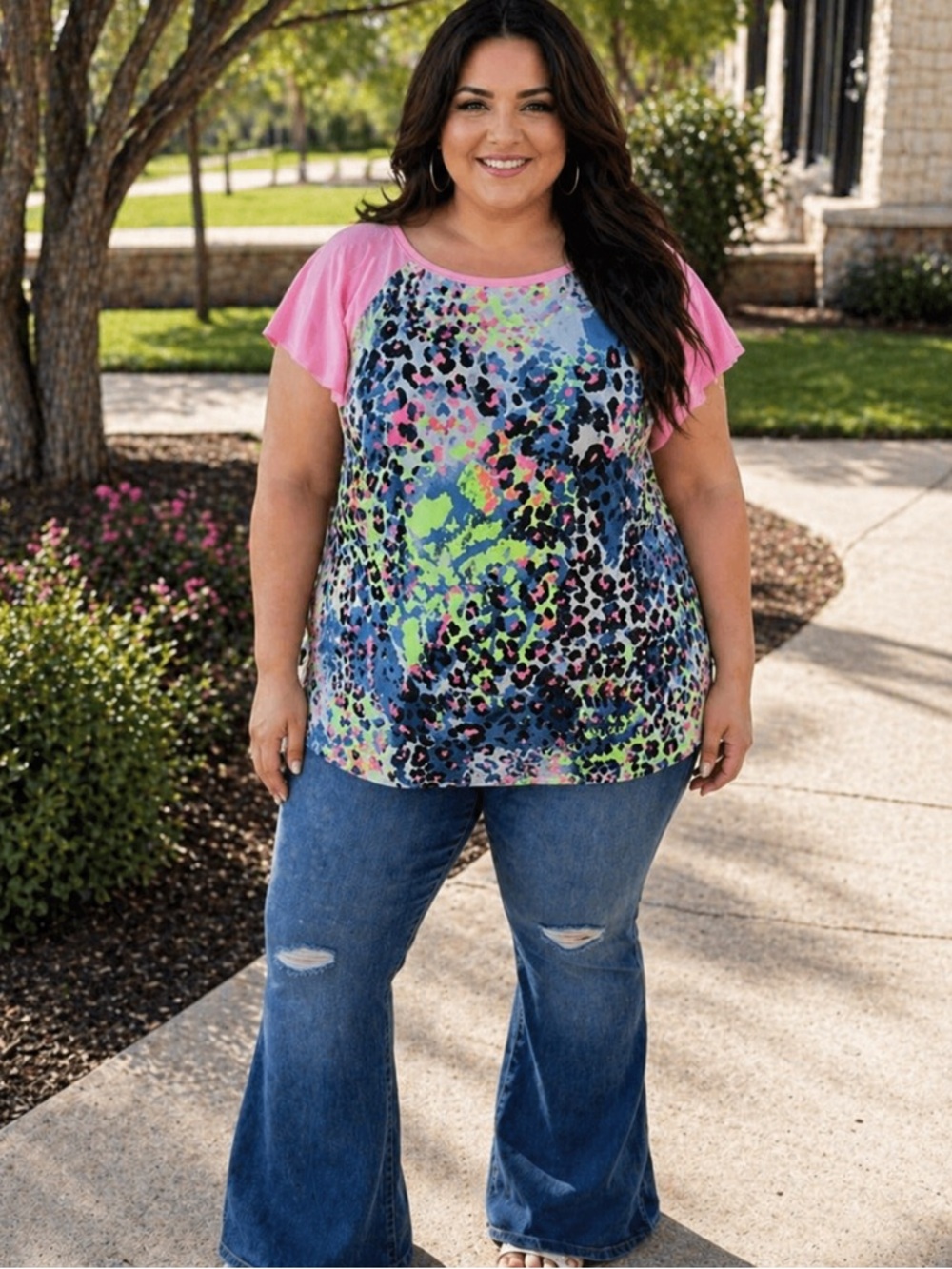 NWT Emerald Neon Animal Print Flutter Sleeve Top size 3X